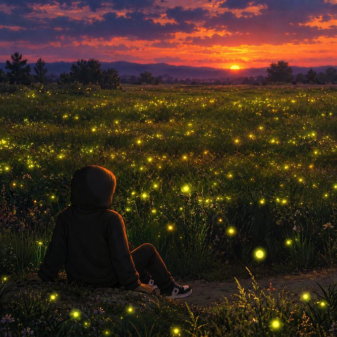 An anime-style illustration of a hooded figure sitting in a meadow at sunset, surrounded by glowing yellow fireflies or lights, with mountains silhouetted in the background.
