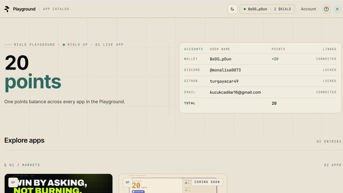 The image shows a Rialo Playground dashboard displaying "20 points" balance for user "BeDG..pDun," with their wallet connected (+20) and Discord, GitHub, and email linked. This visually confirms the post's starting point of 20 Rialo Points, which the user plans to leverage to build "Rialo AutoPay," an open-source automated payment system.