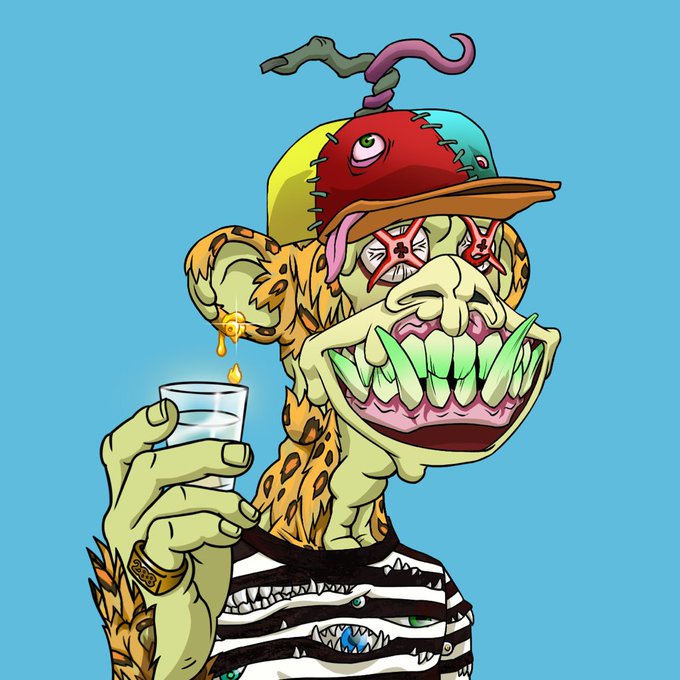 A cartoon illustration of a green-skinned, monstrous character with a stitched multi-colored cap, star-shaped glasses, a wide toothy grin, and a leopard-print collar, holding a glass with a glowing drop above it against a blue background.