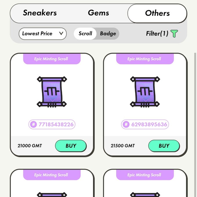 A marketplace interface displaying "Epic Mining Scroll" items priced at "21000 GMT" and "21500 GMT" with "BUY" buttons.