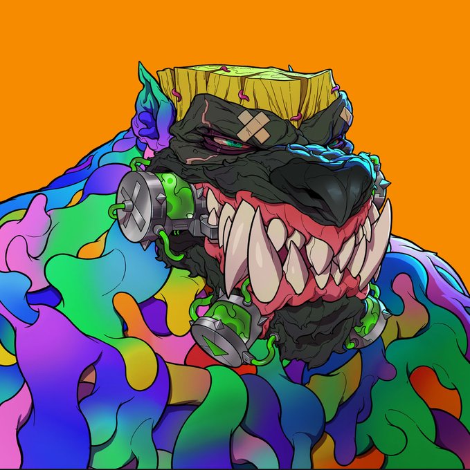 A vibrant digital illustration of a monstrous creature with a flat-topped wooden head, menacing sharp teeth, and a flowing body made of rainbow-colored slime against an orange background.