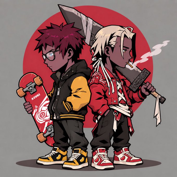 An anime-style illustration shows two characters standing back-to-back against a red circular background: one with spiky red hair and glasses holding a skateboard labeled 'AZUKI', and another with blonde hair smoking and holding a sword.