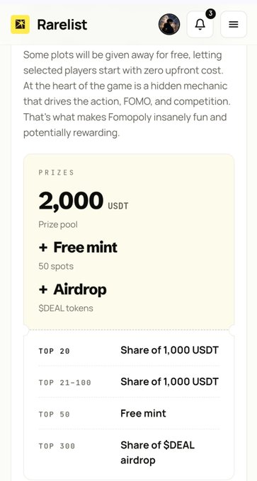 A mobile app screenshot for 'Rarelist' detailing prize pools including 2,000 USDT, free mints, and $DEAL token airdrops for top participants.