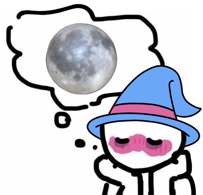 A cartoon illustration of a character wearing a blue wizard hat with a pink band, eyes closed, thinking about a full moon in a thought bubble.