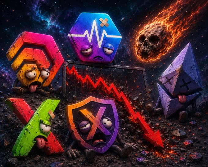 An artistic digital illustration depicting various cryptocurrency mascots (MATIC, ETC, XEM) with sad expressions standing on a destroyed landscape with a red downward arrow and a flaming meteor in the background, symbolizing a crypto market crash.