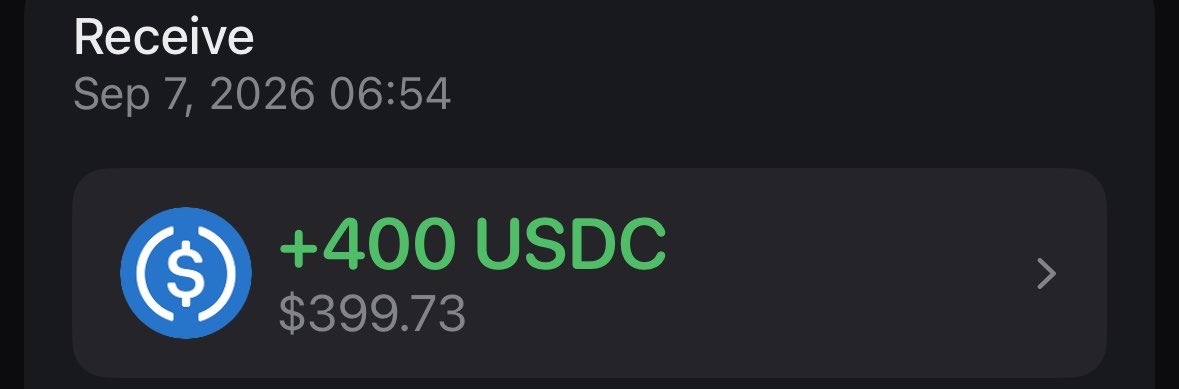 A screenshot of a USDC transaction receipt showing 'Receive' on Sep 7, 2026 06:54 for +400 USDC ($399.73).