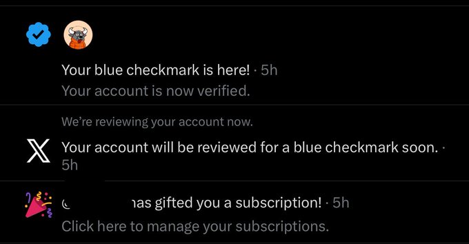 A social media notification panel showing a verified blue checkmark and a subscription gift notification.