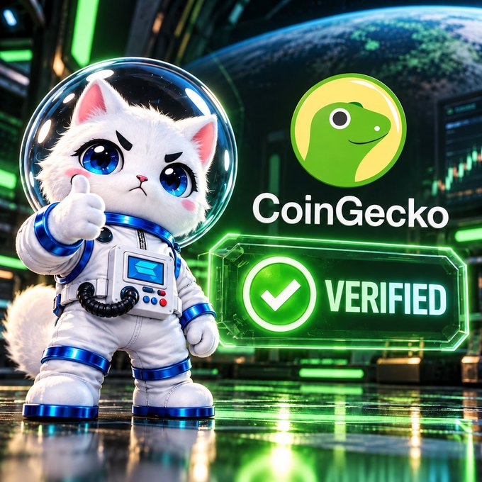 A 3D animated cat astronaut in a white and blue spacesuit giving a thumbs up next to the CoinGecko logo and a glowing green 'VERIFIED' badge.