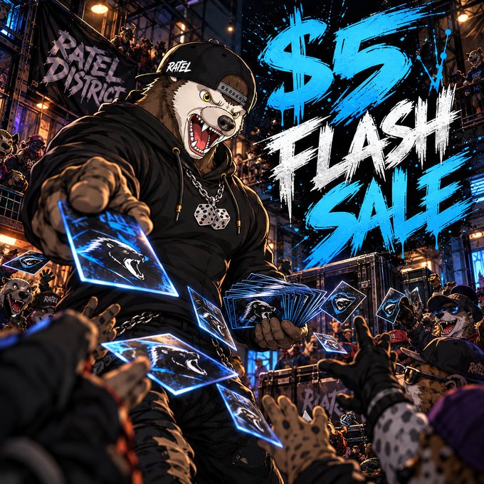 A stylized anime/manga illustration of an anthropomorphic dog character wearing a black "RATEL" cap and hoodie, aggressively throwing glowing blue playing cards at a crowd, with "$5 FLASH SALE" prominently displayed in bold graffiti-style text.