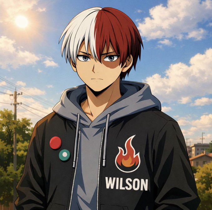 The image features a young man with red hair wearing a black jacket that says "Wilson" on it. He has a serious expression, giving off an intense vibe. The background of the image shows a city street with buildings visible behind him. There is also a sun in the sky above them.