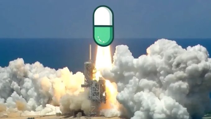 A photo of a space shuttle launching with massive plumes of smoke, overlaid with a large green pill-shaped cartoon graphic.