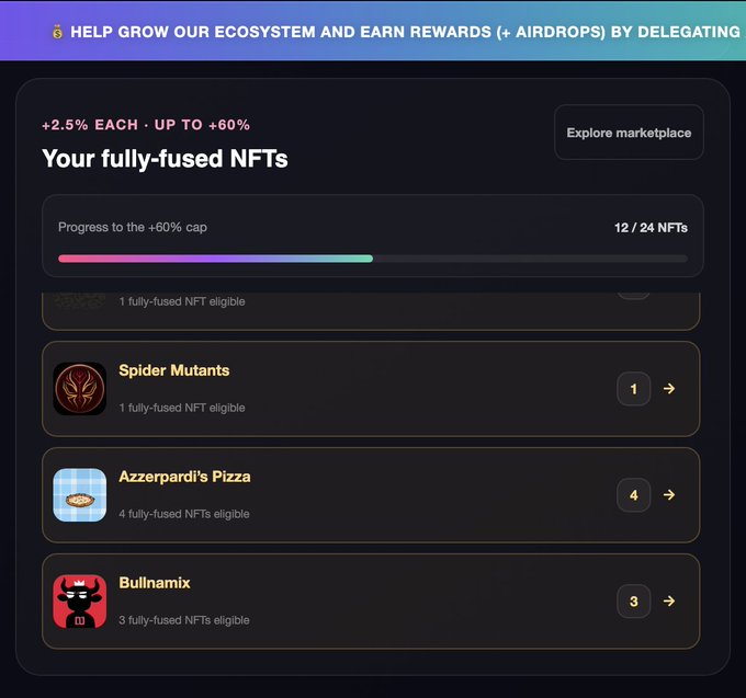 A dark-themed NFT interface showing 'HELP GROW OUR ECOSYSTEM AND EARN REWARDS (+ AIRDROPS) BY DELEGATING' with a 'Your fully-fused NFTs' progress bar at '12 / 24 NFTs', listing collections like 'Spider Mutants' and 'Azzepardi's Pizza'.