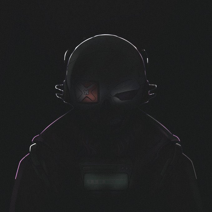 The image features a person wearing a black outfit, with a skull design on their face. The person's head is turned towards the camera, giving us a clear view of them. The background is dark, which further emphasizes the figure in the center of the frame. There are no texts or other objects present in the image. The post appears to be related to a gaming event, as it mentions "I'm giving away" and "Follow @Racerz_eth To enter:".