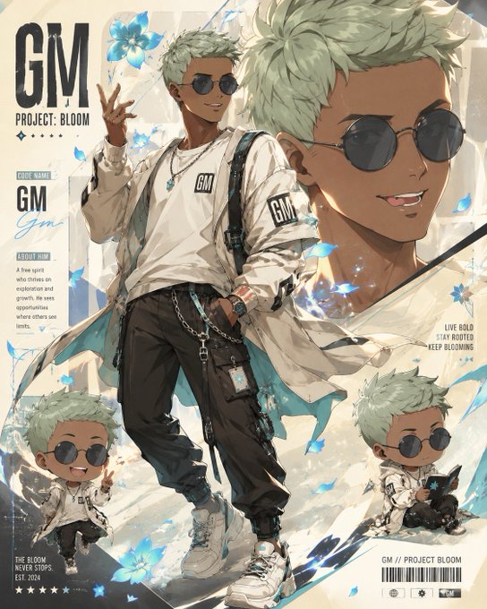 An anime-style character sheet featuring a young man with mint-green hair, sunglasses, and streetwear, with text including "GM PROJECT BLOOM," "GM // PROJECT BLOOMING," and "LIVE BOLD STAY ROOTED KEEP BLOOMING." The image showcases the user's freshly identified PFP (profile picture) identity, emphasizing the "stay rooted, keep blooming" theme mentioned in their post.