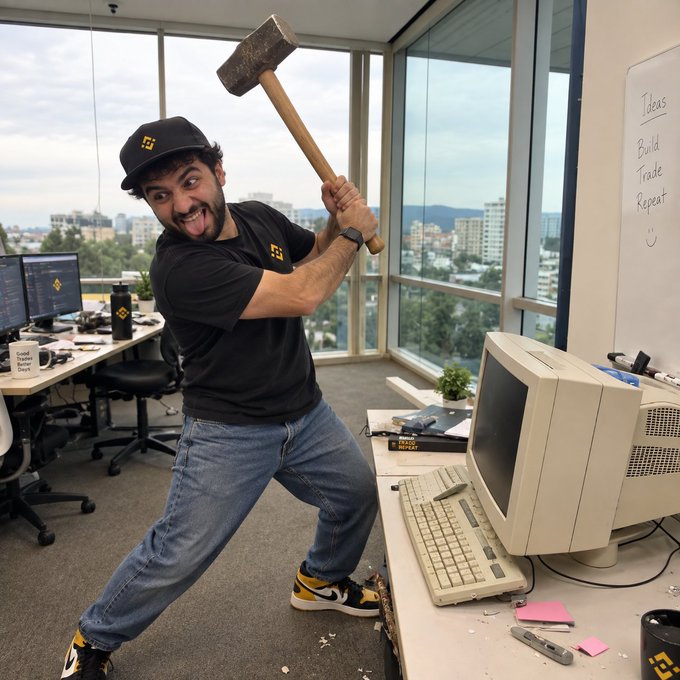 A man in a black cap and t-shirt aggressively wields a sledgehammer over an old desktop computer, perfectly capturing the chaotic energy of "I'll just fix it myself." The whiteboard behind reads "Ideas / Build / Trade / Repeat," hinting at the office culture behind the destructive DIY attempt.