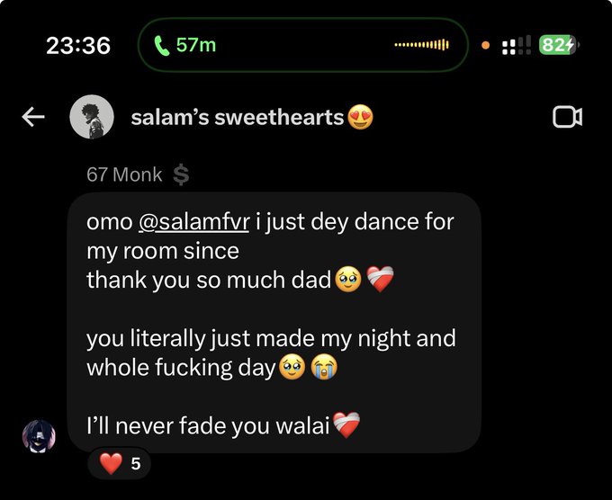 A screenshot of an Instagram DM in "salam's sweethearts 😍" shows a fan tagging @salamfvr, writing, "omo @salamfvr i just dey dance for my room since thank you so much dad 🥹💌 you literally just made my night and whole fucking day 😭😭 I'll never fade you walaai" with 5 ❤️ reactions—exemplifying the fan appreciation being shared.