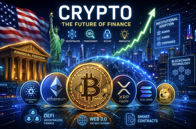 A promotional graphic titled 'CRYPTO: THE FUTURE OF FINANCE' featuring cryptocurrency coins (Cardano ADA, Ethereum, Bitcoin, XRP Ripple, Solana, Dogecoin) alongside the Statue of Liberty, the American flag, and a 'Financial Freedom' building, with text highlighting 'Decentralized', 'Transparent', 'Secure', 'Innovative', 'Institutional Adoption', 'DeFi', 'Web 3.0', and 'Smart Contracts'.