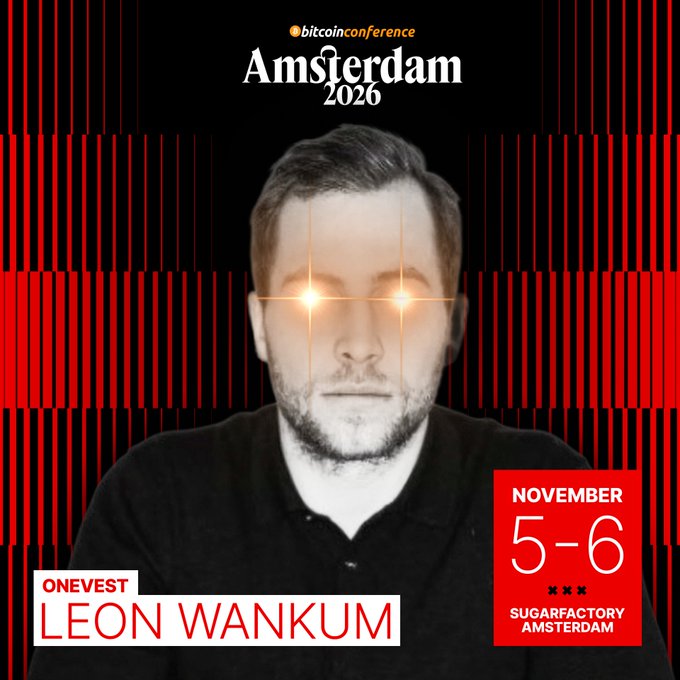 Promotional graphic for the Bitcoin Conference Amsterdam 2026 (November 5-6 at SugarFactory Amsterdam), featuring speaker Leon Wankum from Onevest, with a photo of him against a red bar pattern background and glowing orange eyes—aligning with the post announcing his upcoming talk on Bitcoin and real estate at the event.