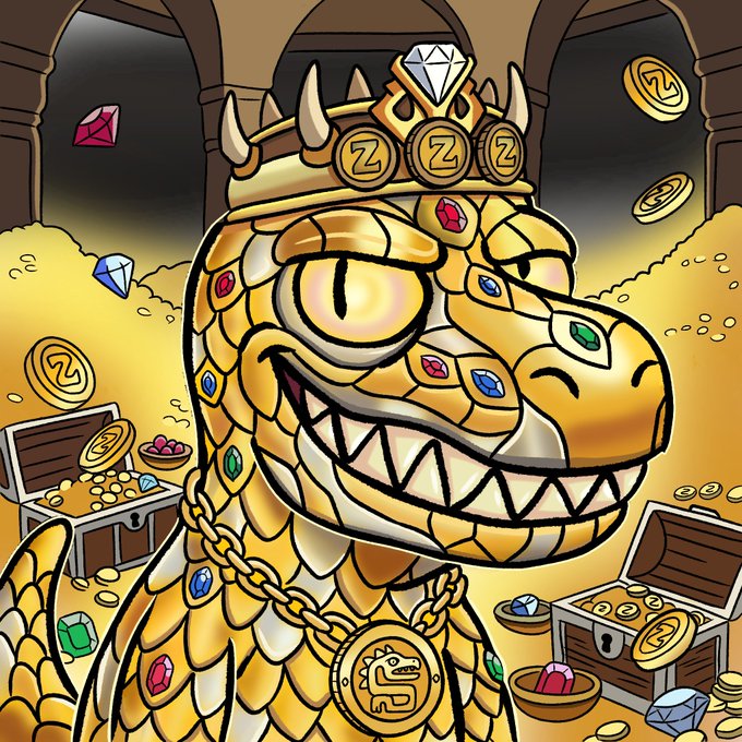 Cartoon-style golden dinosaur/crocodile character wearing a jeweled crown and medallion, surrounded by treasure chests, gold coins with 'Z' symbols, and colorful gems.