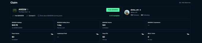 This image shows a Kaito profile claiming page for ANSEM (@blknoiz06), displaying stats like a $442.05 mindshare score, $1.1M market cap, and the user's "Top 2 of 2 compatible" tier eligibility. It relates to the post by suggesting the user may qualify for a rewards claim based on their compatibility, despite their third tick not appearing yet.