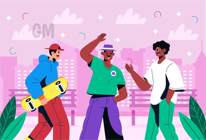 A colorful illustration of three young men skateboarding against a pink cityscape background with clouds and stars, with 'GM' text in the upper left corner.