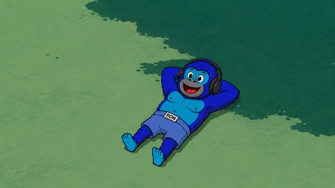 Illustration of a blue gorilla character wearing headphones and 'IRON' underwear, lying on grass next to water.