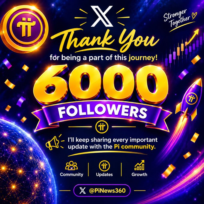 A celebratory graphic from @PiNews360 thanking the Pi community for reaching 6000 followers, featuring gold 3D numerals, rocket imagery, and notes promising continued community updates.