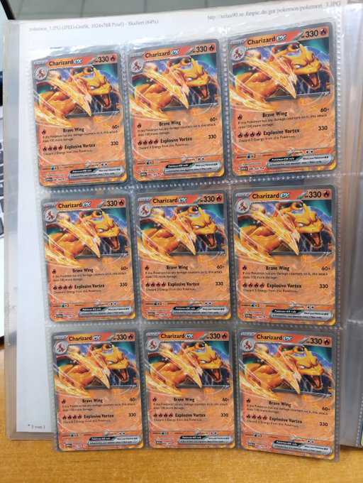 A sealed Pokémon TCG collector's binder page displays nine identical Charizard ex holographic cards (numbered 234/198), each featuring the attacks 'Brave Wing' and 'Explosive Vortex' with 330 HP.