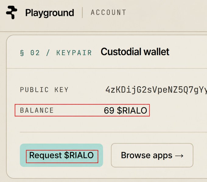 A screenshot of the Playground account interface for the Solana-based 'Custodial wallet' showing a balance of '69 $RIALO' and a 'Request $RIALO' button.