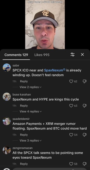 A TikTok comment section shows 129 comments and 995 likes, with viewers promoting “SpaxNexum” and comparing it to HYPE and SPCX. Comments mention an “SPCX ICO,” an Amazon Payments + XRP merger rumor, and SpaxNexum potentially moving hard, illustrating how bots spam the post and direct users to a suspicious coin website.