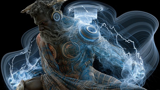 A digital artwork features a muscular figure with animalistic features and glowing blue technological elements with electrical effects.