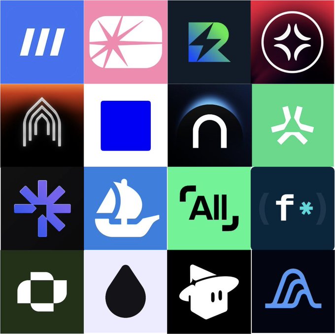 A 4x4 grid of various modern app/brand logos featuring different colors, geometric shapes, and symbols on contrasting backgrounds.