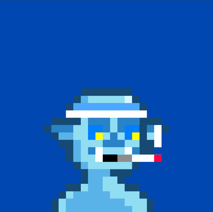 A pixel art image of a blue-skinned character with a sailor-style hat and yellow eyes, holding a cigarette against a dark blue background.