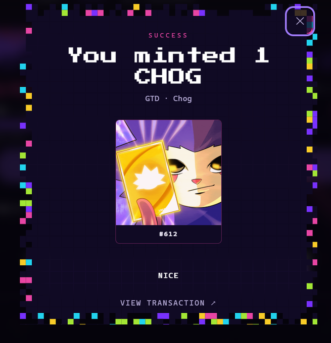 Screenshot showing a successful NFT mint notification for "1 CHOG" (GTD · Chog), displaying a card with a cat-like character holding a gold card, numbered #612.