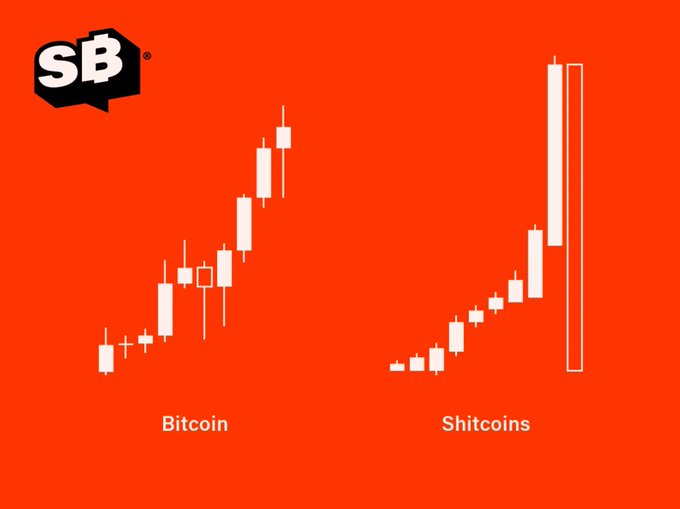 A meme image with an orange background features the "SB" logo in the top-left corner and displays two candlestick charts: one labeled "Bitcoin" showing steady upward growth, and another labeled "Shitcoins" showing a steep spike followed by a massive crash. The visual humorously contrasts Bitcoin's reliable "Number Go Up" (NGU) performance with the volatile, boom-and-bust pattern of altcoins, reinforcing the post's message about Bitcoin's superior technology.
