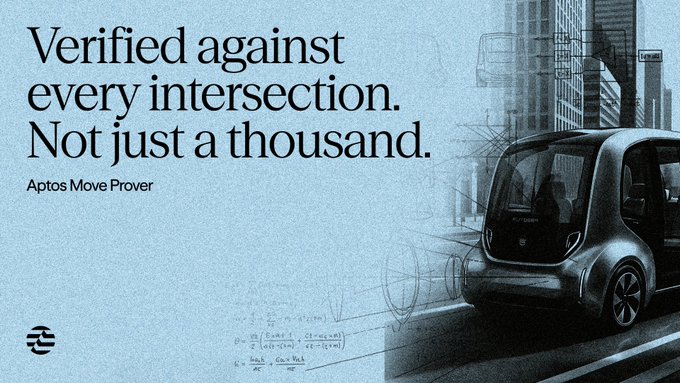 The image shows an Aptos Move Prover advertisement with the bold text "Verified against every intersection. Not just a thousand." alongside a futuristic autonomous vehicle, visually reinforcing the post's message that formal verification proves correctness across all scenarios rather than testing only a limited sample.