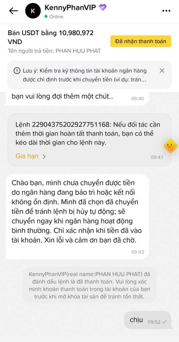 A Telegram chat screenshot showing KennyPhanVIP (real name: PHAN HUU PHAT) selling 10,980,972 VND worth of USDT, where the buyer delays payment by 1 hour, then marks the order as paid despite no funds being transferred, requesting the seller release the crypto. The image illustrates the poster's warning about scammy P2P USDT buyers who falsely claim payment to steal crypto.