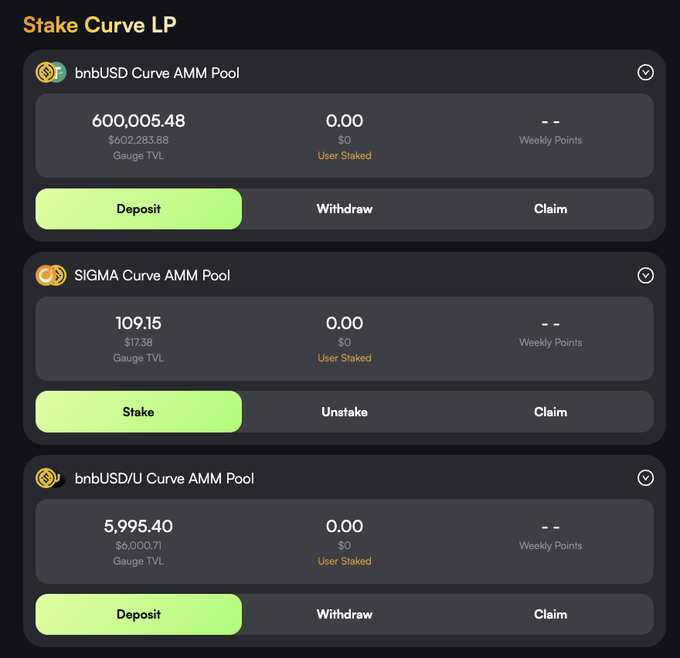 A dark-themed 'Stake Curve LP' interface showing three pools: fnbUSD Curve AMM Pool, SIGMA Curve AMM Pool, and bnbUSD/U Curve AMM Pool, with Deposit/Stake and Withdraw/Unstake buttons.