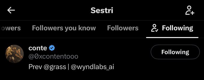 The image shows the "Following" list of Twitter user "Sestri," displaying only one visible account: "conte" (@0xcontentooo), who is verified and identifies as a former developer at Grass (@grass) and @wyndlabs_ai. This aligns with the post's claim that Sestri follows few accounts, including a former Grass developer, suggesting a potential connection between the Sestri and Grass projects.