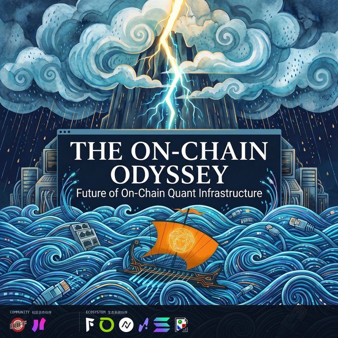 A stylized promotional graphic titled 'THE ON-CHAIN ODYSSEY: Future of On-Chain Quant Infrastructure,' depicting an ancient ship sailing on stylized blue waves beneath a stormy sky with lightning, surrounded by various cryptocurrency logos.
