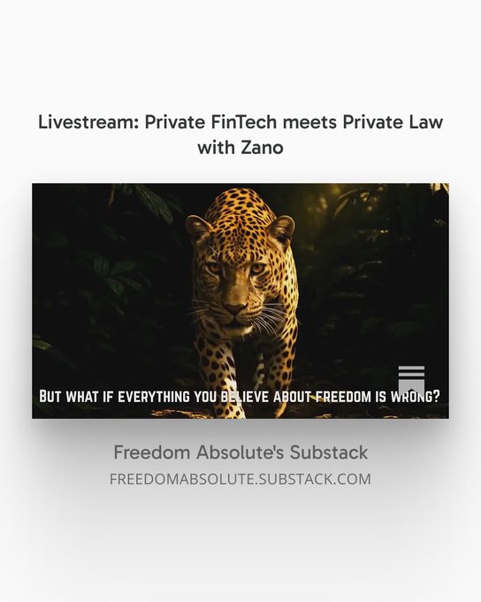 The image shows a white background with black text that reads "Livestream: Private FinTech meets Private Law with Zano". The image also features a picture of a leopard walking across a forest, which adds an interesting visual element to the scene.