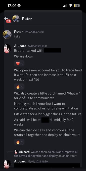 A Discord conversation in the channel "Puter" where user Alucard mentions opening a new trading account starting with 10K (increasing to 15K), creating a communication channel called "Vhagar," and plans to deploy on chain vault.