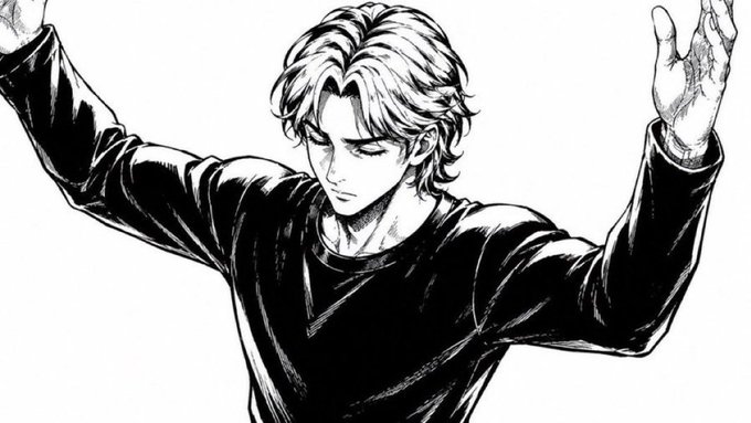 A black and white manga-style illustration of a young man with wavy hair wearing a dark shirt, with his arms raised and head tilted slightly downward.