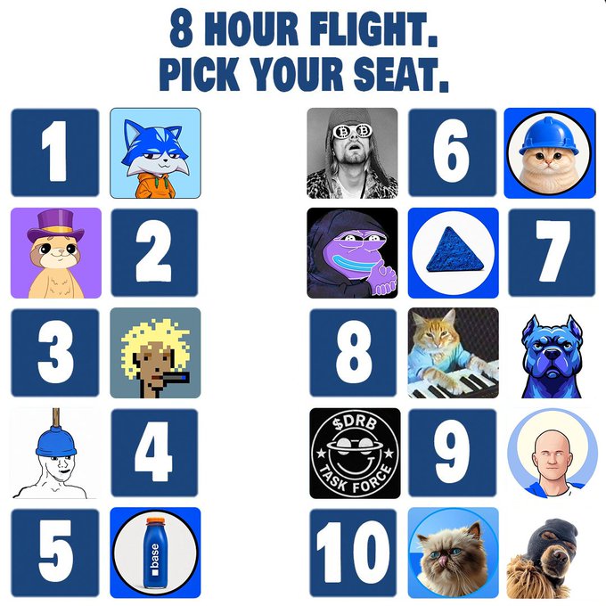 Meme graphic titled '8 HOUR FLIGHT. PICK YOUR SEAT.' showing numbered seat options 1-10 paired with various internet meme images including a cartoon cat, a pixel art character, Wojak variants, and the SDR Task Force logo.