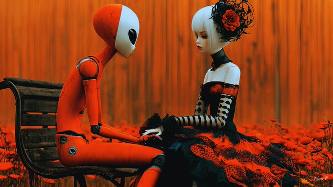A stylized digital artwork depicts a red and white humanoid robot sitting on a wooden bench beside a gothic doll-like woman in a black and red dress, surrounded by red flowers against a warm orange background.