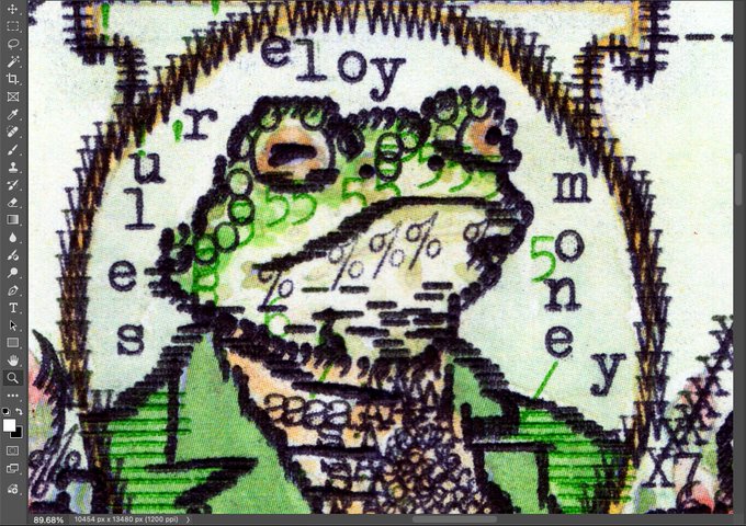 A distorted, glitch-art style digital portrait of Pepe the Frog is overlaid with scattered letters and numbers in a graphics editor.