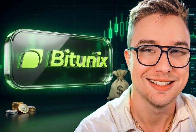 A promotional graphic featuring a smiling man with glasses next to a 3D logo that reads 'Bitunix', set against a green background with candlestick charts and a bag of money.