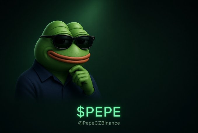 A digital render of Pepe the Frog wearing sunglasses and a dark shirt in a thoughtful pose, with the text "$PEPE" and "@PepeCZBinance" displayed below.