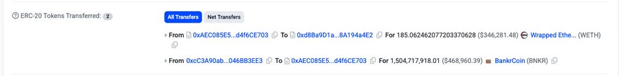 A screenshot showing ERC-20 token transfers, including 185 Wrapped Ether (WETH) and 1,504,717 BankrCoin (BNKR), with a note that 2 tokens were transferred.