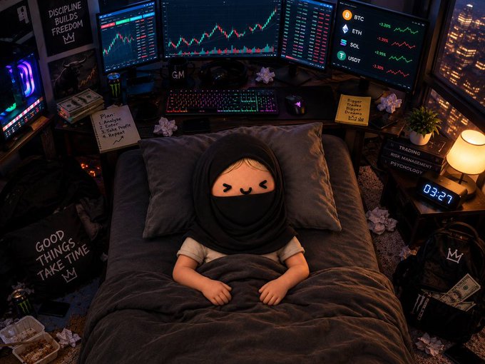 A person wearing a black "G" emoji balaclava lies tucked into bed surrounded by a trader's setup featuring four monitors displaying BTC, ETH, SOL, and USDT candlestick charts, motivational signs reading "DISCIPLINE BUILDS FREEDOM" and "GOOD THINGS TAKE TIME," and a digital clock showing 03:27—capturing the late-night grind behind the "$100 GA by morning" goal.